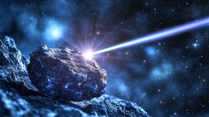 A futuristic scene of laser technology used in asteroid mining, with a laser beam extracting valuable materials from a large space rock. The background includes the vastness of space with distant
