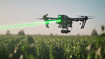 A close-up of a laser used in precision agriculture, scanning a field of crops to monitor growth and health. The laser beam is green, with data being transmitted to a nearby drone or monitoring