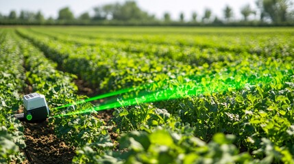 A close-up of a laser used in precision agriculture, scanning a field of crops to monitor growth and health. The laser beam is green, with data being transmitted to a nearby drone or monitoring