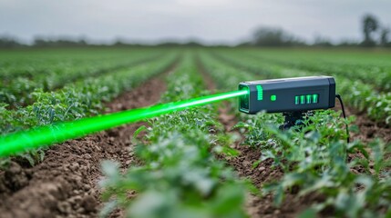 A close-up of a laser used in precision agriculture, scanning a field of crops to monitor growth and health. The laser beam is green, with data being transmitted to a nearby drone or monitoring