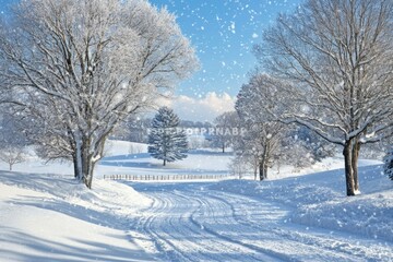Obraz premium Snow-covered trees and a winding path in a snowy landscape