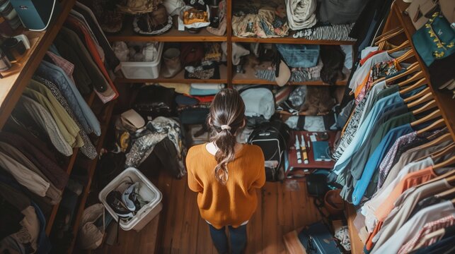 A woman organizing closets, donating unused items