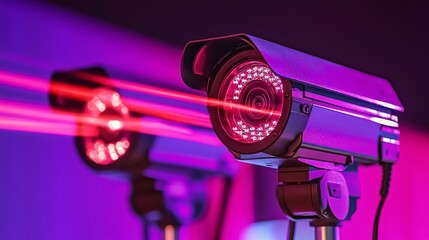An image of laser technology used in security systems, with a network of laser beams creating an invisible barrier around a high-security area. The lasers emit a bright red light, symbolizing