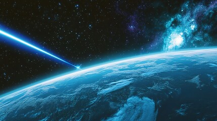 A scene of laser technology used in satellite imaging, with a laser scanning the Earth's surface from space to create detailed topographical maps. The laser emits a bright blue light, surrounded by