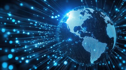 Abstract Earth globe with bright fiber optics wrapping around it, illustrating global data transfer and technology, with room for copy space.