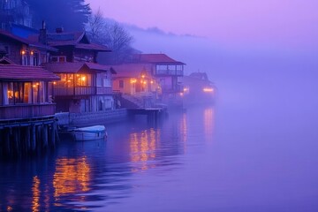 Fototapeta premium Foggy Lakeside Village at Dusk with Glowing Windows