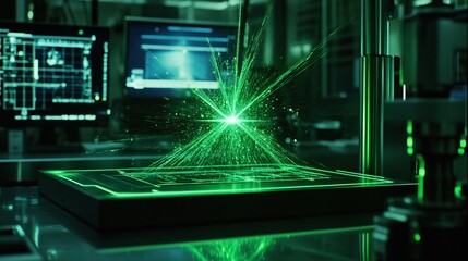 An industrial setting where a laser is used for non-destructive testing, scanning the interior of a solid object to detect flaws or defects. The laser beam is bright and focused, surrounded by