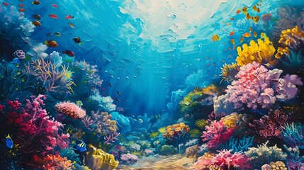 Naklejka premium Vibrant Underwater Coral Reef Scene with Diverse Marine Life in Serene Blue Waters