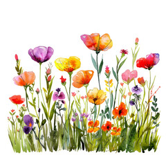 Fototapeta premium Whimsical Meadow Splendor: Colorful Watercolor Illustration of Vibrant Flowers in Nature - Isolated on White