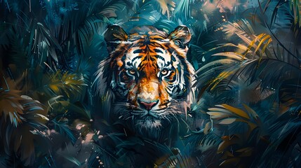 Majestic Tiger Prowling in Vibrant Jungle Landscape Oil Painting Concept