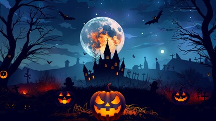 Happy Halloween celebration pumpkin and dark castle 