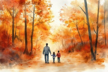 Fototapeta premium Autumn forest walk, family holding hands, crisp air, Thanksgiving day, watercolor style