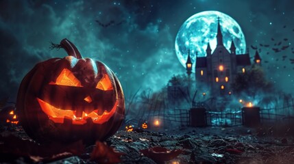 Fototapeta premium Happy Halloween celebration pumpkin and dark castle 