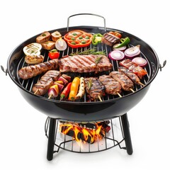 Sizzling Summer BBQ: A feast for the eyes, the vibrant essence of a summer barbecue with a charcoal grill overflowing with sizzling meats, colorful vegetables, isolated on white background