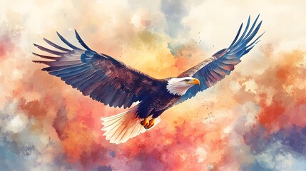 Obraz premium Soaring eagle in a pastel-hued sky, painted in a colorful watercolor style, perfect for a child's room, symbolizing strength and freedom