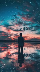 Fototapeta premium Silhouette of a Man Under a Starry Sky: A solitary figure stands on a reflective surface, gazing upward at a breathtaking night sky adorned with countless stars, phone wallpaper