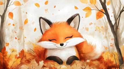 Obraz premium A charming fox nestled in an autumn forest, watercolor style, painted in soft pastels, perfect for a child's room, capturing the warmth of fall