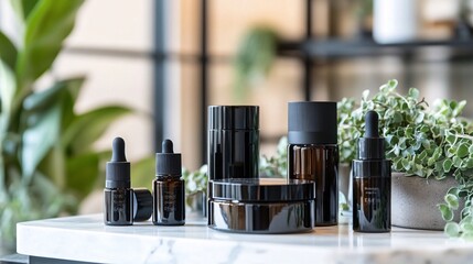 A close-up of a skincare set on a white marble slab, featuring bottles and jars of varying sizes. The set includes items such as a face mask, eye cream, and hydrating serum. The soft, natural