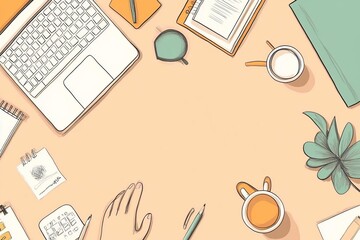 A stylish workspace featuring a laptop, notebooks, and coffee cups, perfect for inspiration and creativity.