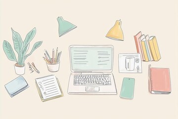 A cozy workspace featuring a laptop, plants, books, and stationery, ideal for creativity and productivity.