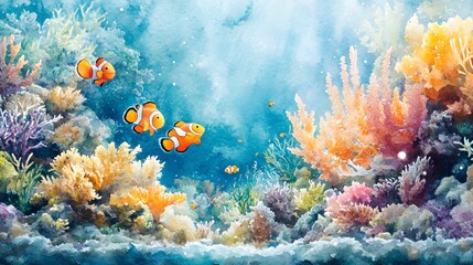 Obraz premium Lively coral reef with colorful tropical fish, portrayed in a soft pastel watercolor style, perfect for brightening up a child's room with underwater magic