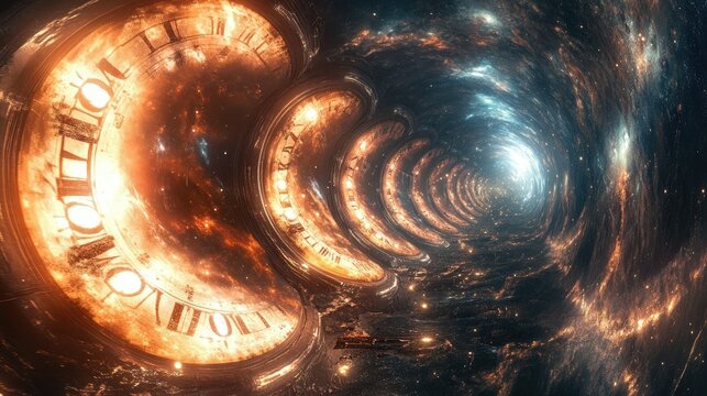 Abstract representation of time travel, with a tunnel of light and clock faces merging into a galactic horizon.