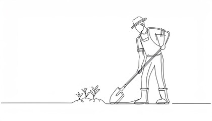 Single one line drawing of young male farmer shoveled the soil with the plants using a shovel.