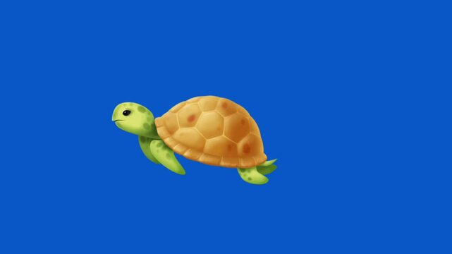 video illustration of a turtle or tortoise swimming back and forth underwater on a blue sea background