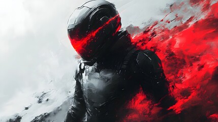 Shadowy Cyber Warrior with Glowing Red Blade in Abstract Shattered Style