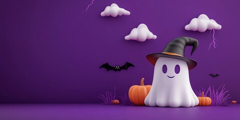 Cute 3D cartoon white ghost wearing witch hat, surrounded by bats on purple background, in minimalist Halloween concept.