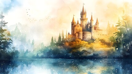 Fototapeta premium Magical watercolor painting of a fairy tale castle with a moat, in soft pastels, ideal for a child's room, full of charm and fantasy
