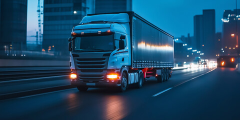 A semi-truck moves down a lighted highway at twilight, with city buildings blurred in the background.