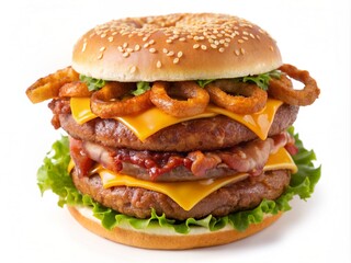 Double Bacon Cheeseburger with Onion Rings, top view, isolated on white background