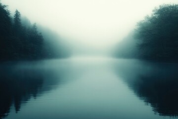 Fototapeta premium Serene Lake Enveloped in Mist with Silhouetted Trees