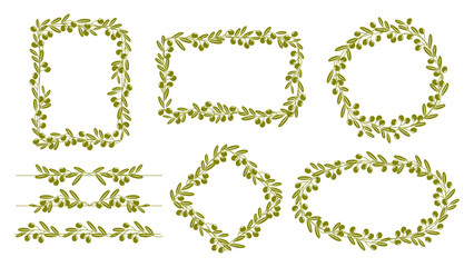 Olive leaves frame and border. Elegant oval, square, round, rectangular and rhombus shapes, dividers, decorative photo frames or elements for menu in natural Mediterranean style with olive leaves