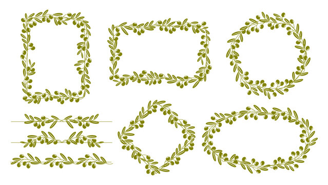 Olive leaves frame and border. Elegant oval, square, round, rectangular and rhombus shapes, dividers, decorative photo frames or elements for menu in natural Mediterranean style with olive leaves