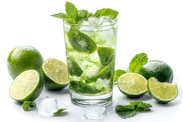 Fototapeta premium Refreshing mint cocktail mojito with rum and lime, cold drink or beverage with ice commercial advertising photo