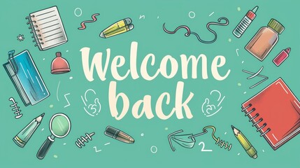 postcard with text Welcome back, white red blue green. school supplies. 
