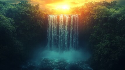 Fototapeta premium Waterfall Sunset in Lush Jungle
