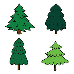 Hand drawn cartoon set of Christmas trees on white background. New Year.