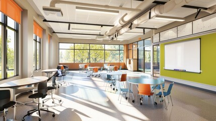 A classroom with a whiteboard and a projector. The room is empty and has a clean, organized look