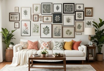 A cozy living room with a white sofa, patterned throw pillows, and a gallery wall featuring various framed artwork and botanical prints.