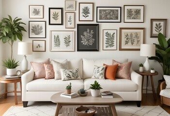 A cozy living room with a white sofa, patterned throw pillows, and a gallery wall featuring various framed artwork and botanical prints.