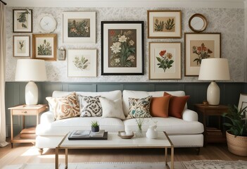 A cozy living room with a white sofa, patterned throw pillows, and a gallery wall featuring various framed artwork and botanical prints.