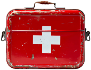 Vintage First Aid Kit: A weathered, red metal first aid kit with a white cross, evoking a sense of preparedness and reassurance, isolated on transparent background.