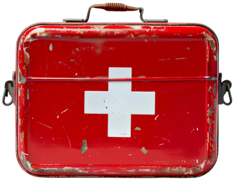 Vintage First Aid Kit: A weathered, red metal first aid kit with a white cross, evoking a sense of preparedness and reassurance, isolated on transparent background.