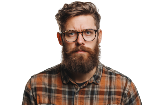 Stylish Bearded Hipster Man Wearing Glasses and Plaid Shirt Isolated on White Background - Powered by Adobe