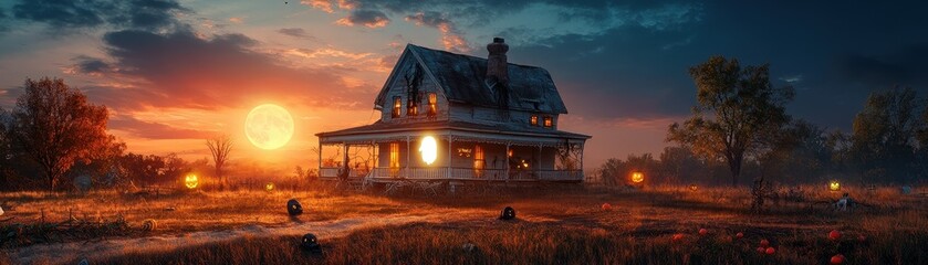Fototapeta premium Haunted house with a glowing ghost silhouette, twilight sky with full moon, Halloween decorations scattered, ghostly vibe, twilight sky, copy space for text