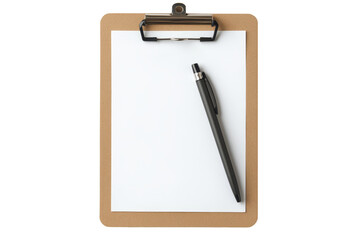 A clipboard with a pen attached, isolated on a white background