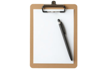 A clipboard with a pen attached, isolated on a white background